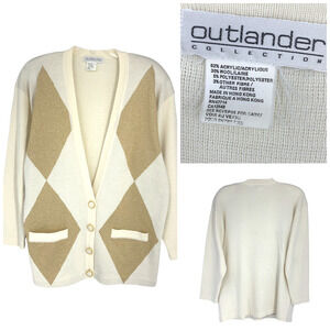 Vintage 1990s Outlander Collection Sz L/XL Gold & Cream Diamond Cardigan Sweater